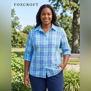 Foxcroft Blue and Aqua Plaid Button-Down Shirt